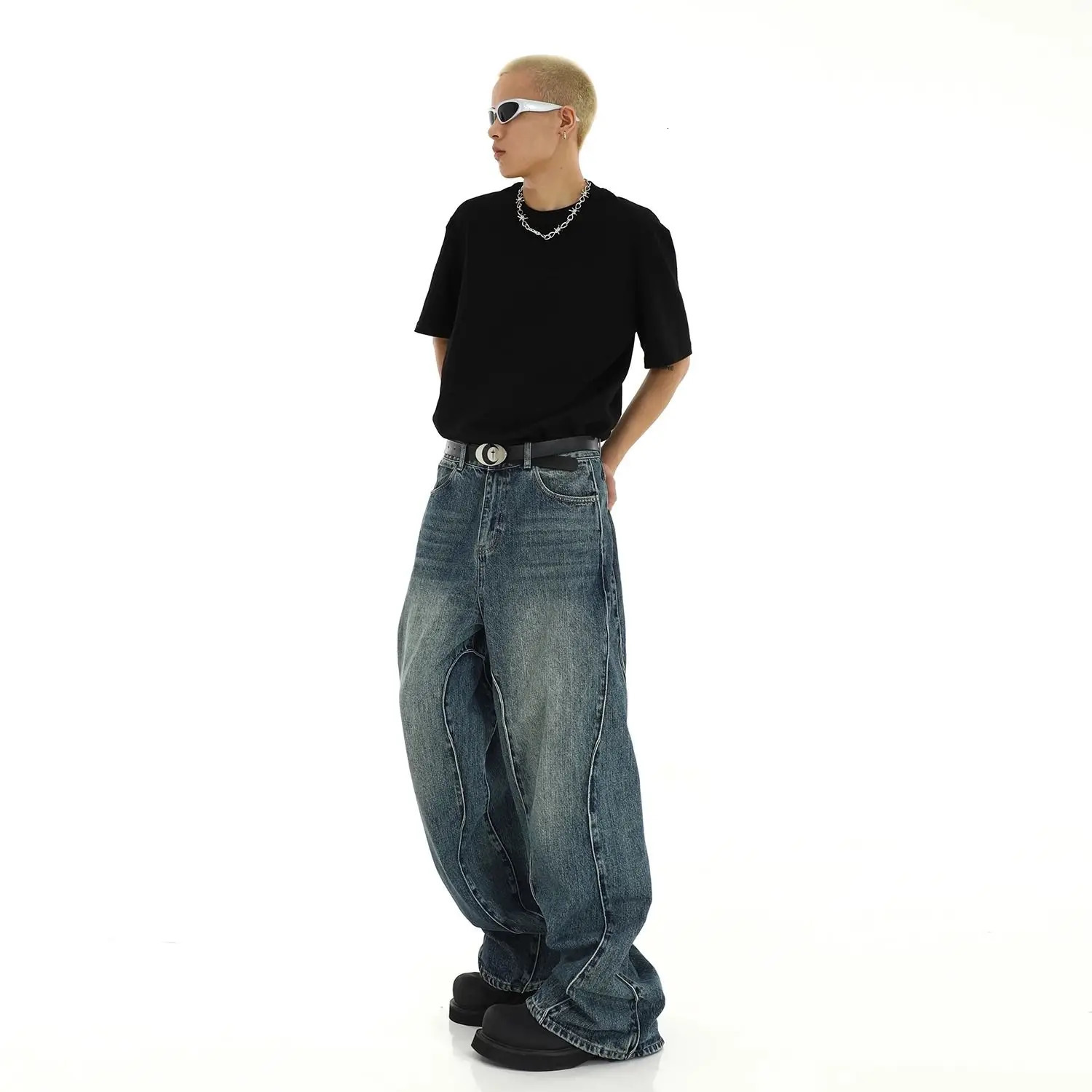 American heavyweight high street curved splicing jeans for men and women washed loose wide leg straight casual pants y2k 250214