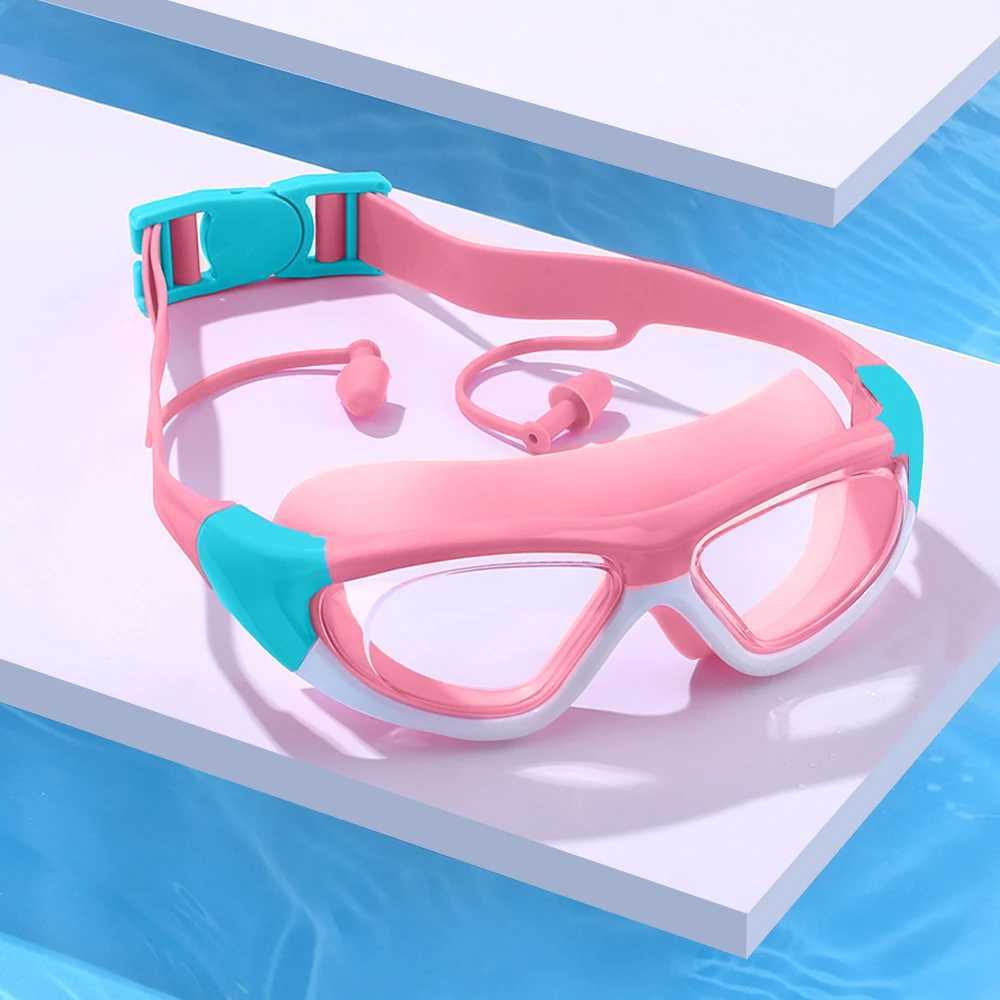 Childrens High-definition Waterproof And Anti Fog Swimming Large Frame Glasses Convenient Goggles Silicone Connected Earplugs Z250215