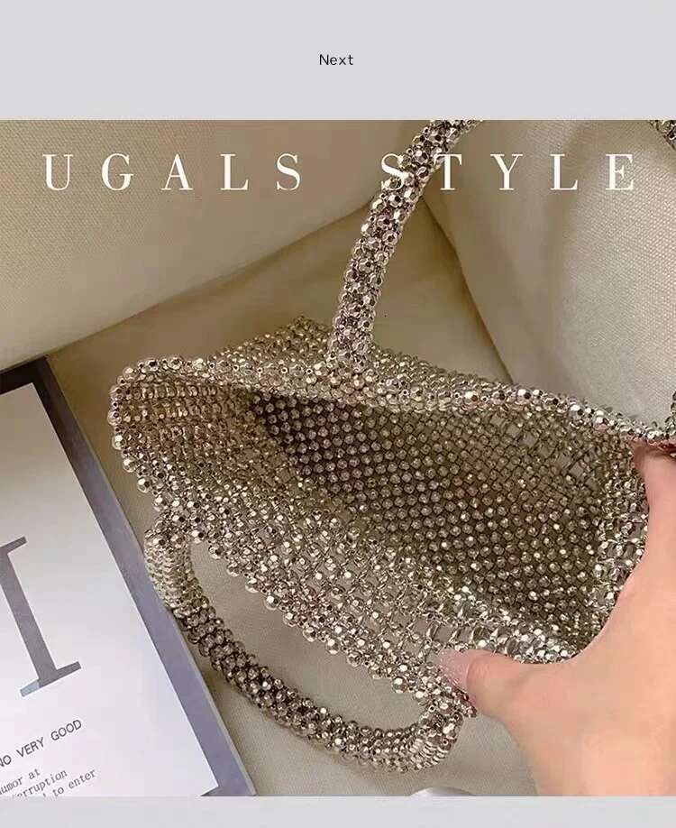 Metallic Shiny Beads Beading Bucket Large Capacity Fashion Women Handbag Woven Handmade Shoulder Lady Purse Casual Bag