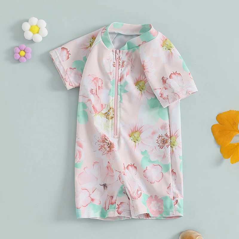 Toddler Girls Rash Guard Swimsuit Playsuits Short Sleeve Zipper Floral Print Baby Bathing Suit SwimwearXJ250214