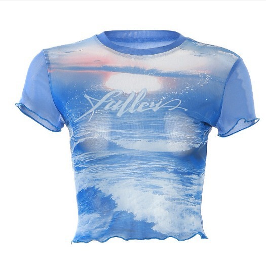 Designer Sweet Style Round Neck Sleeves Wrapped In Cherry Cake Blue T-shirt Instagram Fashion Summer Ear Edge Exposed Umbilical Hot Girl Top