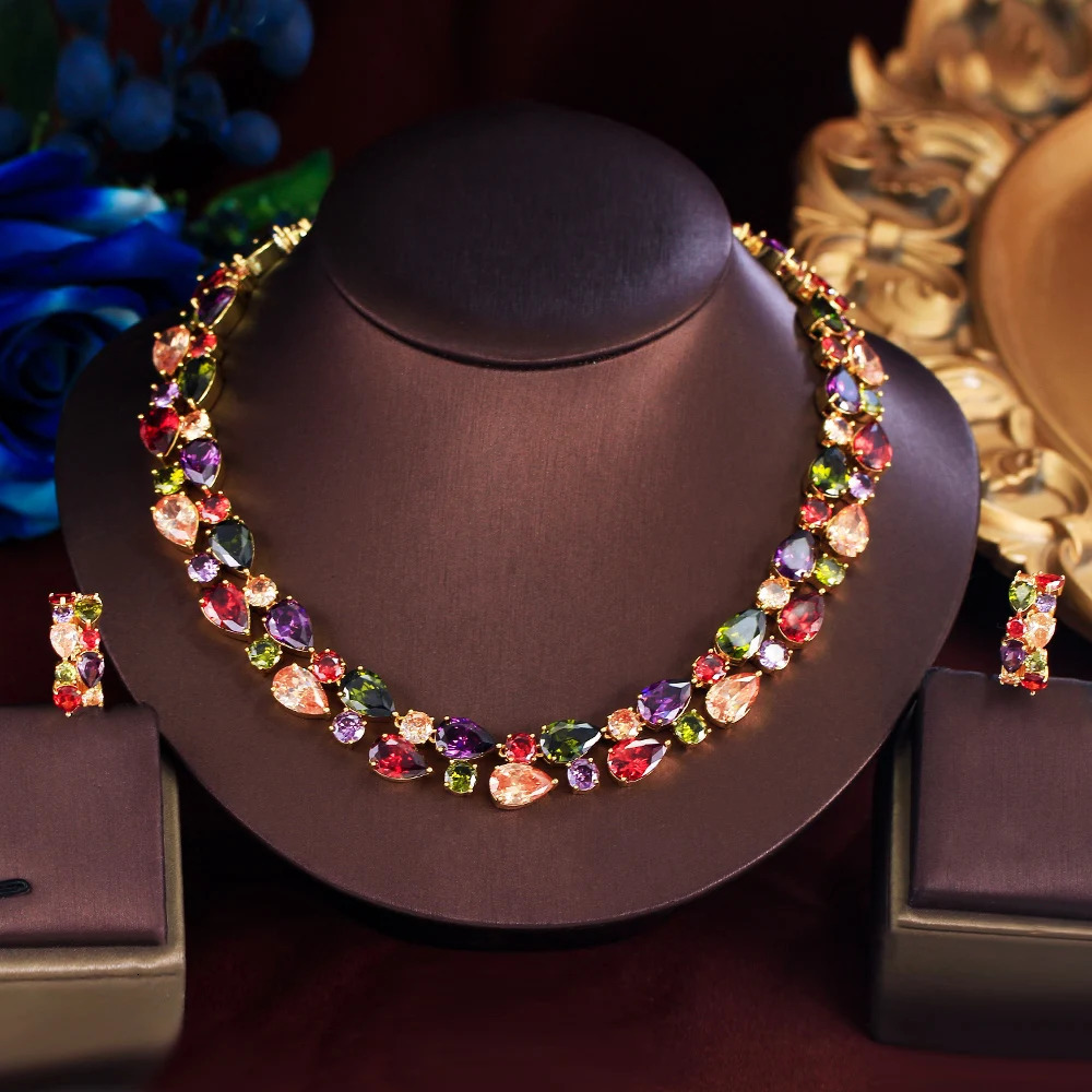 ThreeGraces Gorgeous Multicolor Zirconia Necklace and Earrings Mona Lisa Bridal Wedding Party Jewelry Set for Women T1046 250213