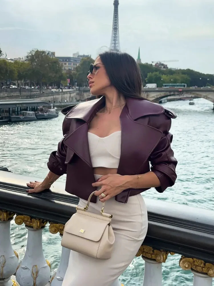 Women Burgundy Lapel Leather Jackets Fashion Casual Loose Pockets Long Sleeve Coats Spring Female High Street Outerwear 250211