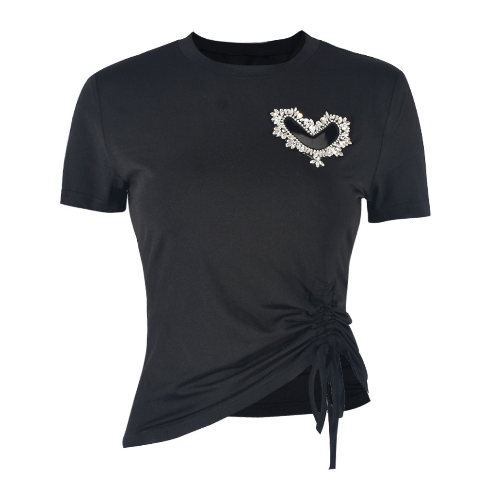 Designer Summer Fashion Trend T-shirt Round Neck Exposed Navel Heart-shaped Hot Print Lace Up Drawstring Solid Color Short Sleeved Women