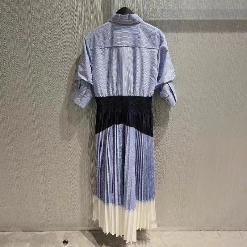 Niche spring and summer blue lapel splicing striped midsleeve dress female y2k 250214