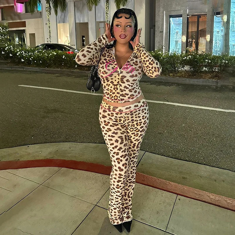 Leopard Print Two Piece Pant Set Women Tracksuit Lounge Wear Long Sleeve Hooded Zip Crop Tops and High Waist Tight Trousers Suit 250214