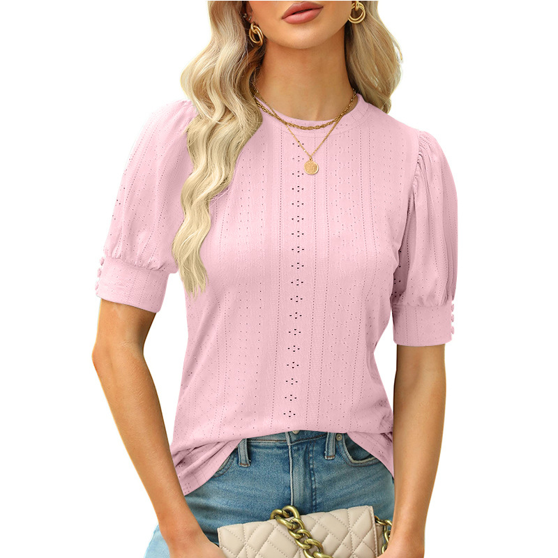 2025 Summer New Women's Round Neck Hole Hollow Button Short Sleeve Casual Top T-shirt