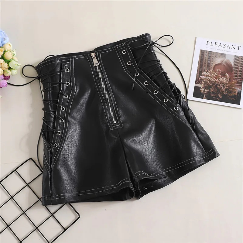 Autumn Women PU Shorts Tie Bow Bandage High Waist Casual White Black Leather Ladies All Match Wide Leg 250213