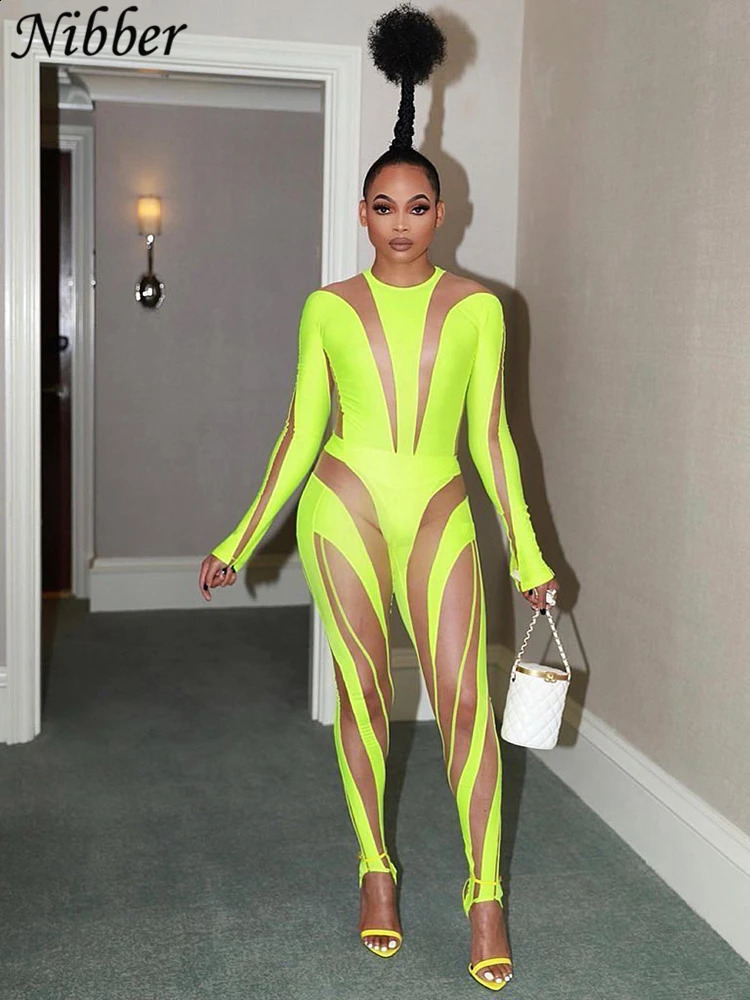 Nibber Sexy Patchwork Bodysuit Women Mesh Hollow Autumn Fashion TightFitting LongSleeve Skinny Stretch Basic OnePiece Top 250213