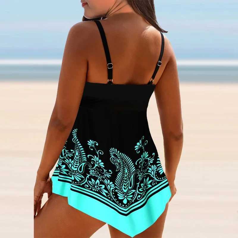 Womens Swimming Suit Halter Swimwear Two Pieces Bathing Suit Flower Floral Printed Tankini Top Beachwear Boyshorts Swimming S-4XLW250214