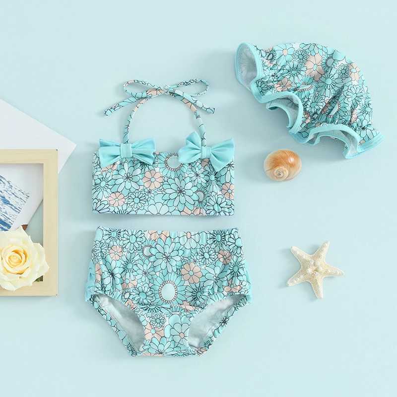 0-18M Baby Girls Summer Bikini 3 Pcs Set Floral Print Bow Halter Crop Tops with Shorts and Swimming Hat SwimsuitXJ250214