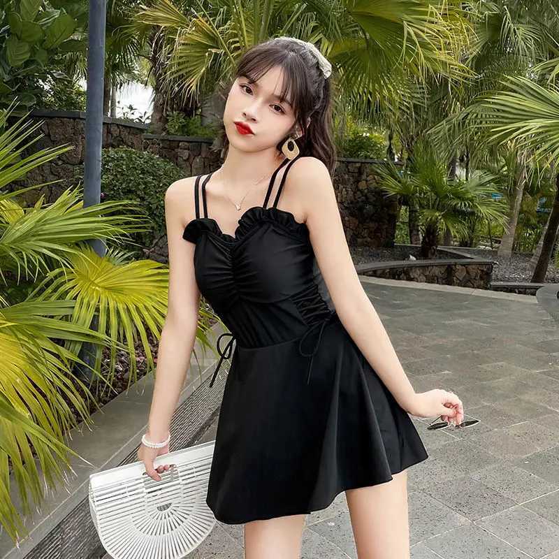 Women on the Beach Conservative Belly-covering Slimming Body Dress Style Angular Small Breasts Gathering Hot Spring SwimsuitW250214