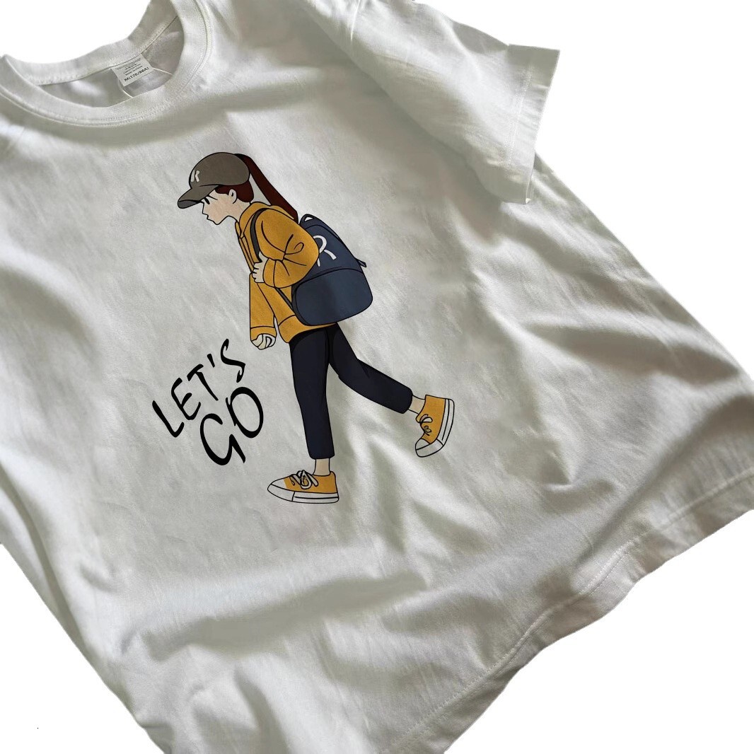 Summer New Short T-shirt Pure Cotton Loose Korean Edition Instagram Women's Versatile Cartoon Print Inner Layup Half sleeved Top