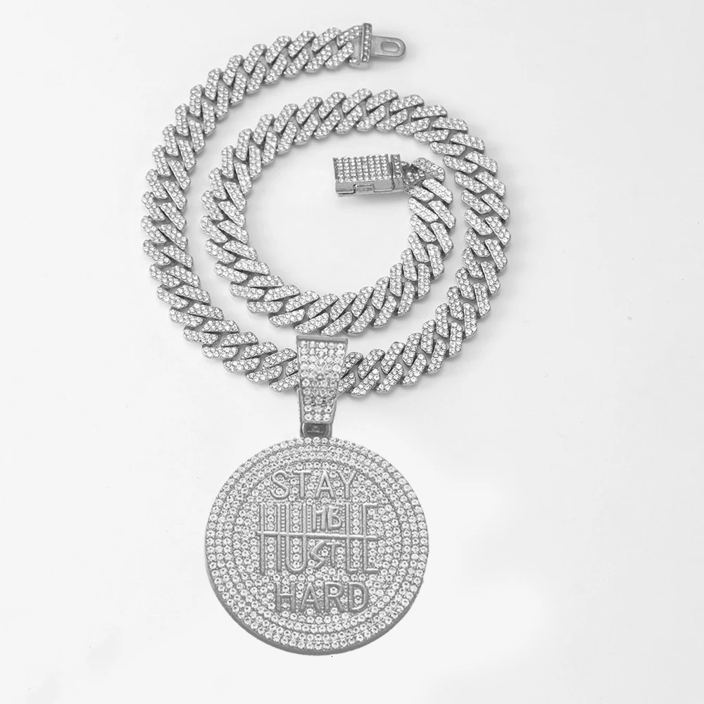 STAY HARD Round Pendent Necklace with Iced Cuban Link Chain Rapper Gift for Men Women 250214