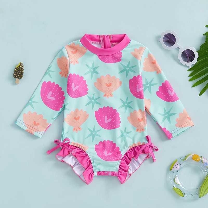 Citgeett Summer Kids Toddler Girls Swimsuit Bodysuit Long Sleeve Print Ruffles Bathing Suit Swimwear ClothesXJ250214