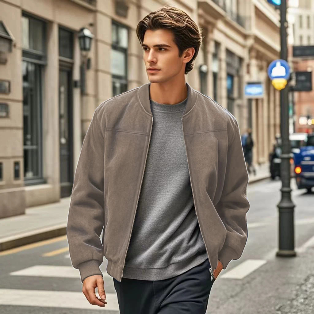 Autumn Suede Solid Color Mens Zip Jacket Vintage Cardigan 250210