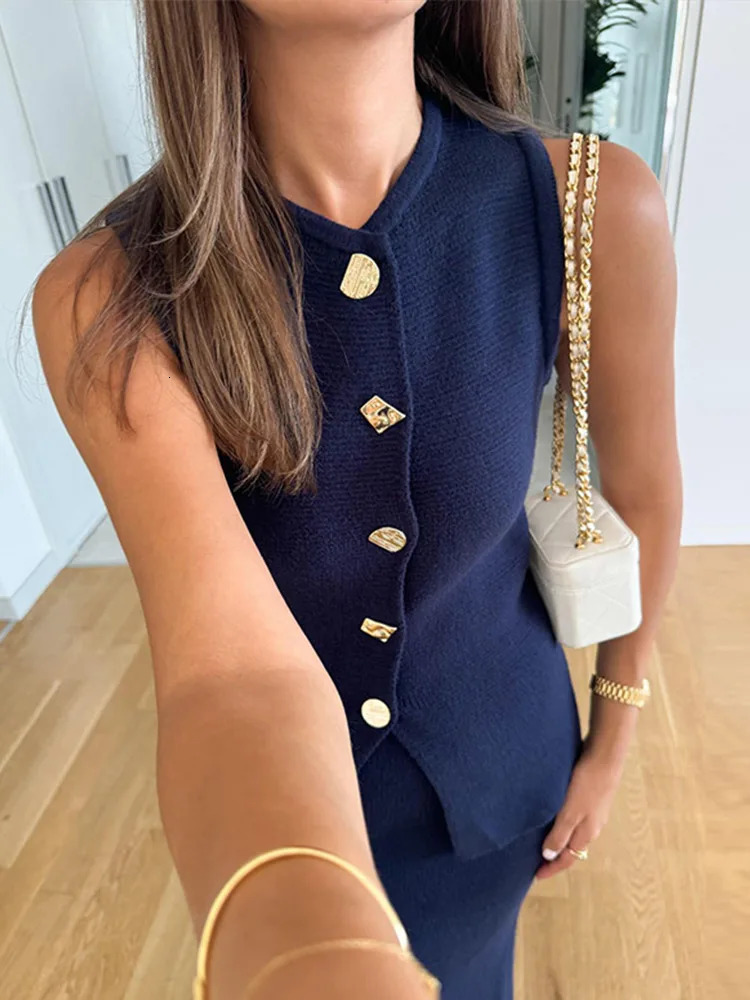 Elegant Knit Skirts Suits Women Slim Round Neck Single Breasted Vest Sets Female Fashion Solid High Waist 2 Pieces 250214