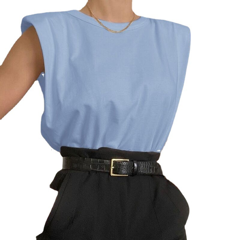 Designer's Casual Trend 2025 Sleeveless Shoulder Pad Loose Fit Fashionable T-shirt Vest Summer New Women's Basic Top