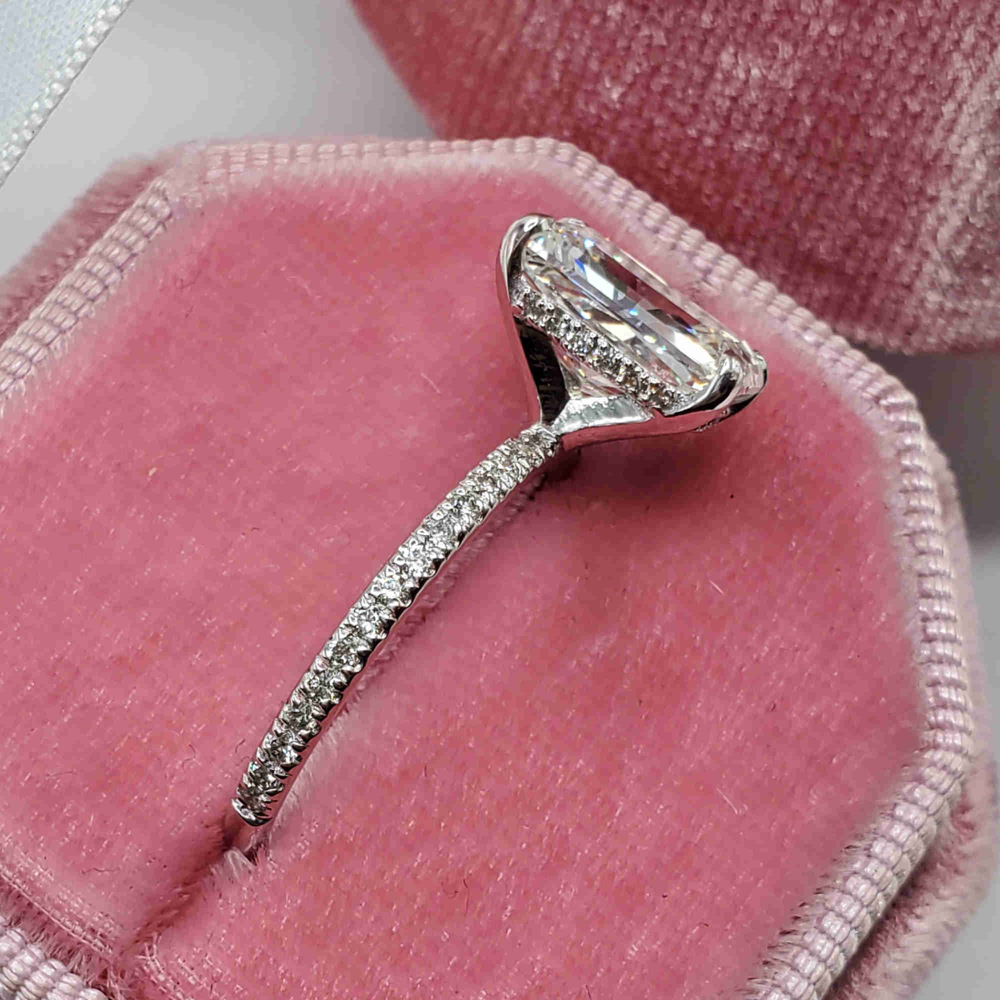 Custom Fashion Luxury Elongated Radiant Cut Micropaved Side Stones Hidden Halo Diamond Engagement Sterling Silver Ring
