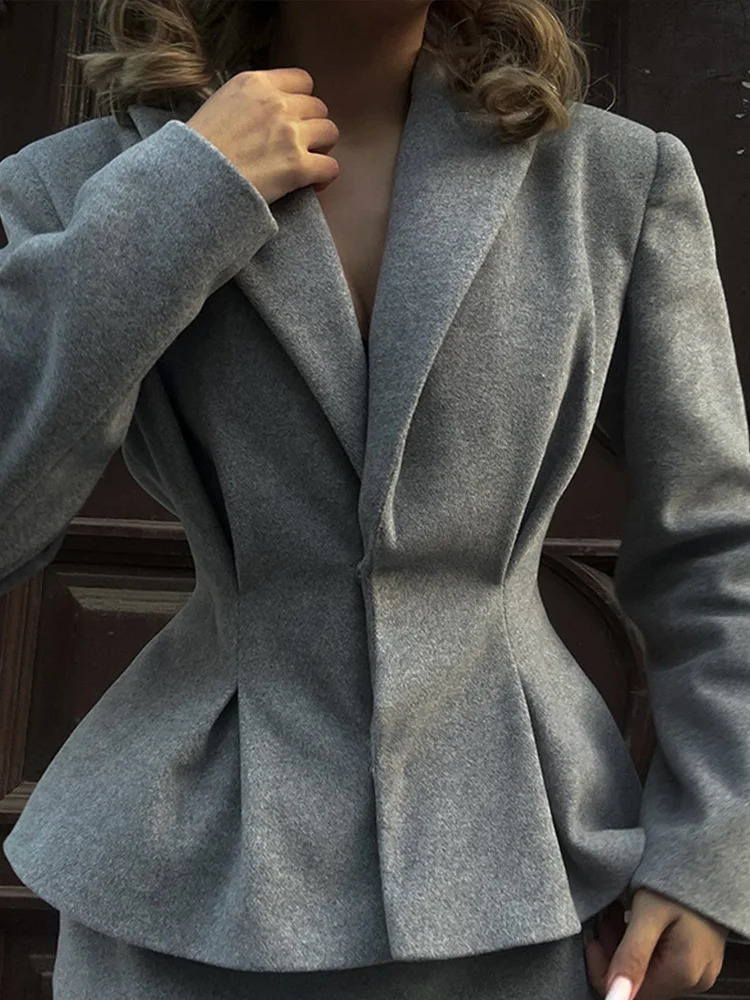 Pleated Fluffy Woolen Suit Coat Top Long Skirt Set Lapel Waist Cinched Commuting Jacket Fishtail Skirts Women Formal Attire 250210