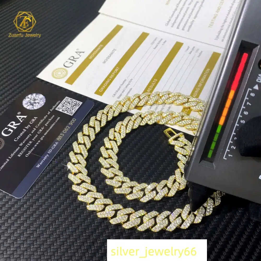 Fine Jewelry Gold Plated 925 Silver 2 Rows Vvs Moissanite Diamond Mens Hip Hop Iced Out Miami Cuban Link Chain Necklace