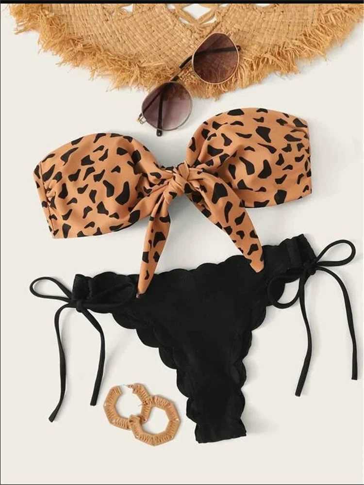 Beach Bikini 2024 Woman Sexy Front Lace Up Tie Bandeau Leopard Swimsuit Female Push Up Ruffled Bow Bathing Suit Thong SwimwearW250214
