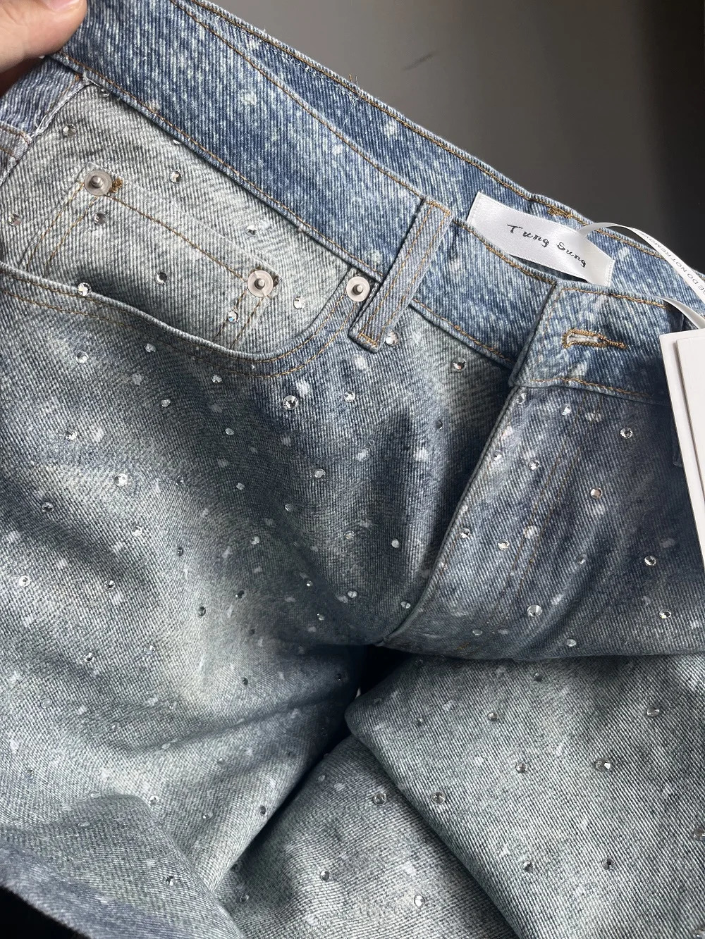 Tung Sung Full Diamond Printing Belt Wash Casual Loose Straight Jeans Hip Hop Y2k Mens 250214