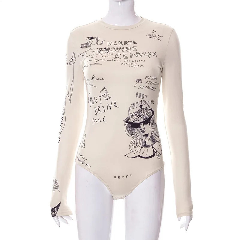 Apprabant Fashionable Letter Printed Bodysuits Women Round Neck Long Sleeved Slim Fit Streetwear Versatile Casual Bodysuit 250213