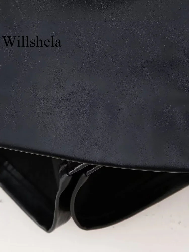 Willshela Womens Fashion PU Black Side Zipper Mini Ski Shorts Retro High Waist Chic 250213