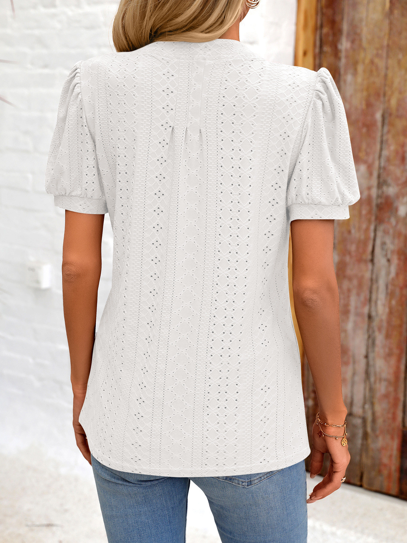 2024 Summer New Solid Color V-neck Striped Knitted Loose Short sleeved T-shirt Women's Top