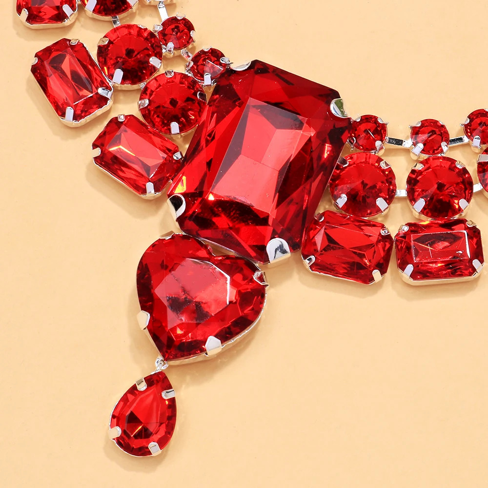 Stonefans Red Exaggerate Necklace Earring Set Wedding Accessories Geometric Rhinestone Nigeria Bridal Jewelry Set 250213