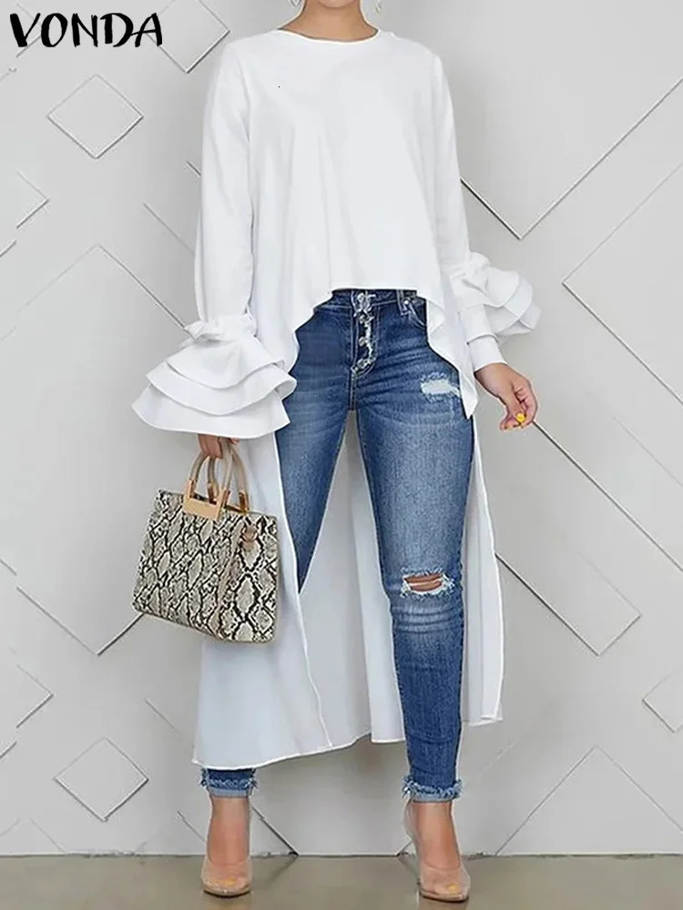 Plus Size VONDA Women Irregular Tops Satin Silk Blouses Casual Tunics Elegant Flare Sleeve Solid Split Layered Blouses 250210