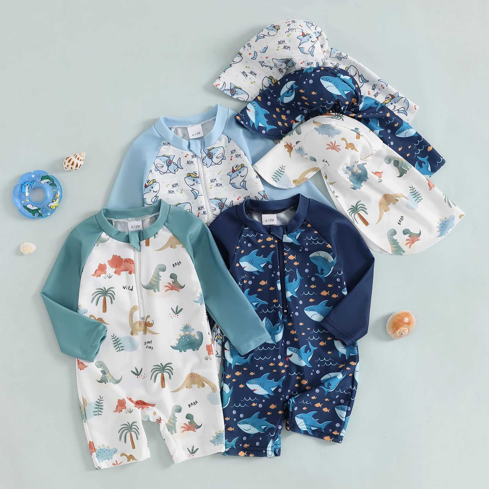 MISOWMNJOY Summer Baby Long Sleeve Swimwear Fashion Toddler Boys Rash Guard Swimsuit Dinosaur Print Zip Beachwar with Swim CapXJ250214