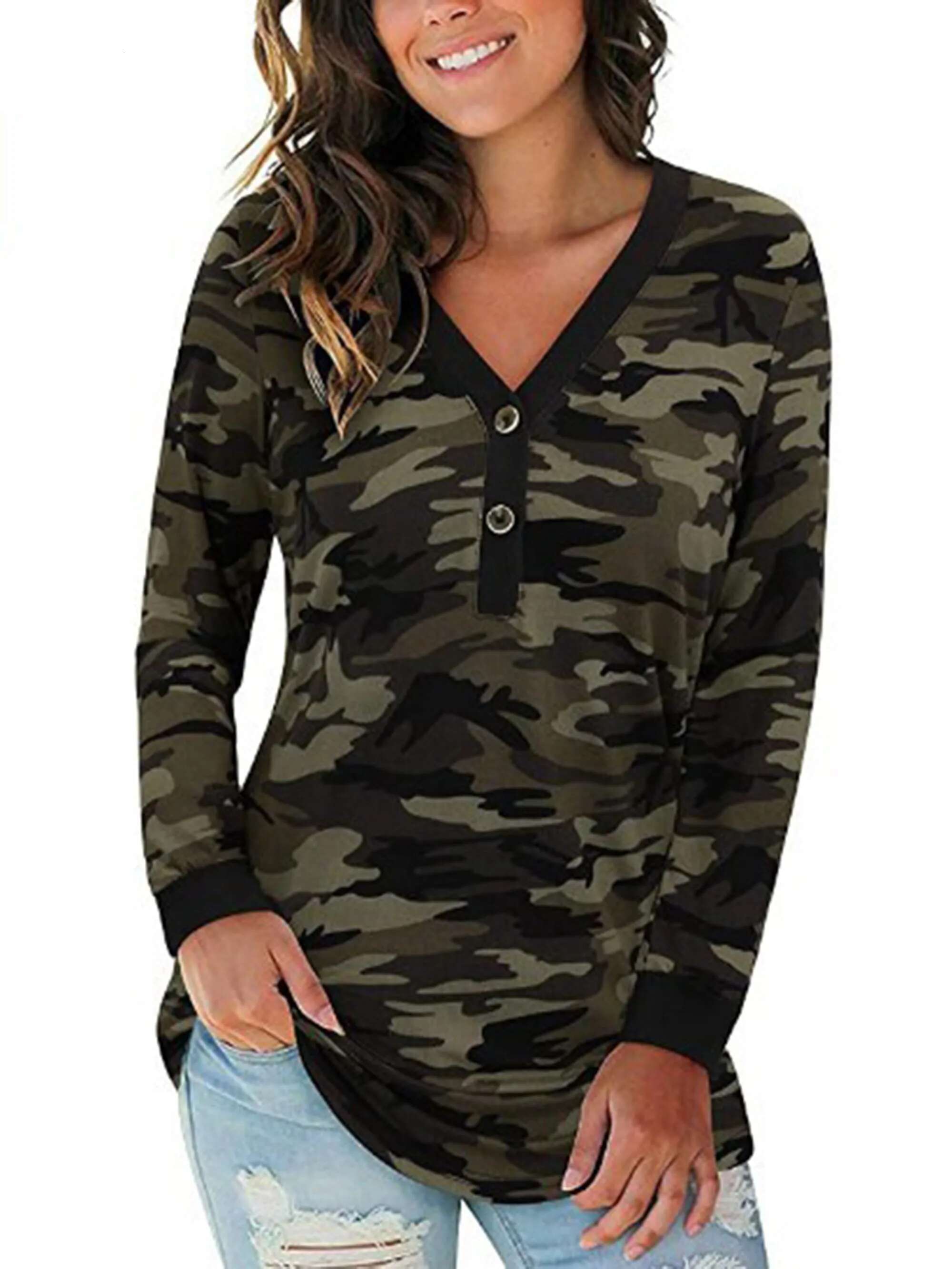 2024 Autumn Cross-Border New V-Neck Button Print Long Sleeved Contrasting T-Shirt Top For Women