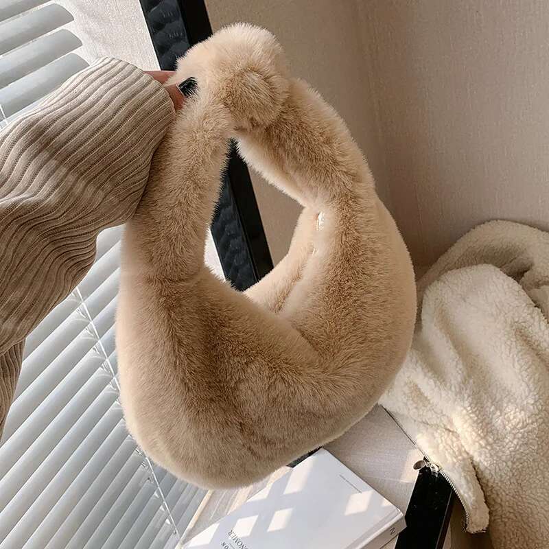 Solid Color Plush Dumpg Niche Design Small Phone Korean Style Tote Bag Faux Rabbit Fur Handbag Women