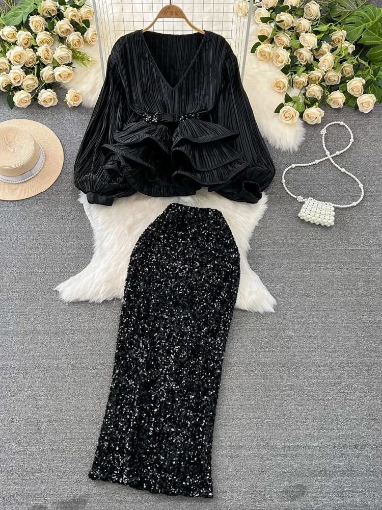 Fashion 2 Piece Sets Women Lantern Sleeve V-neck Ruffles Tops High Waist Bodycon Sequined Skirt Outfits Temperament Korean Suit 250210