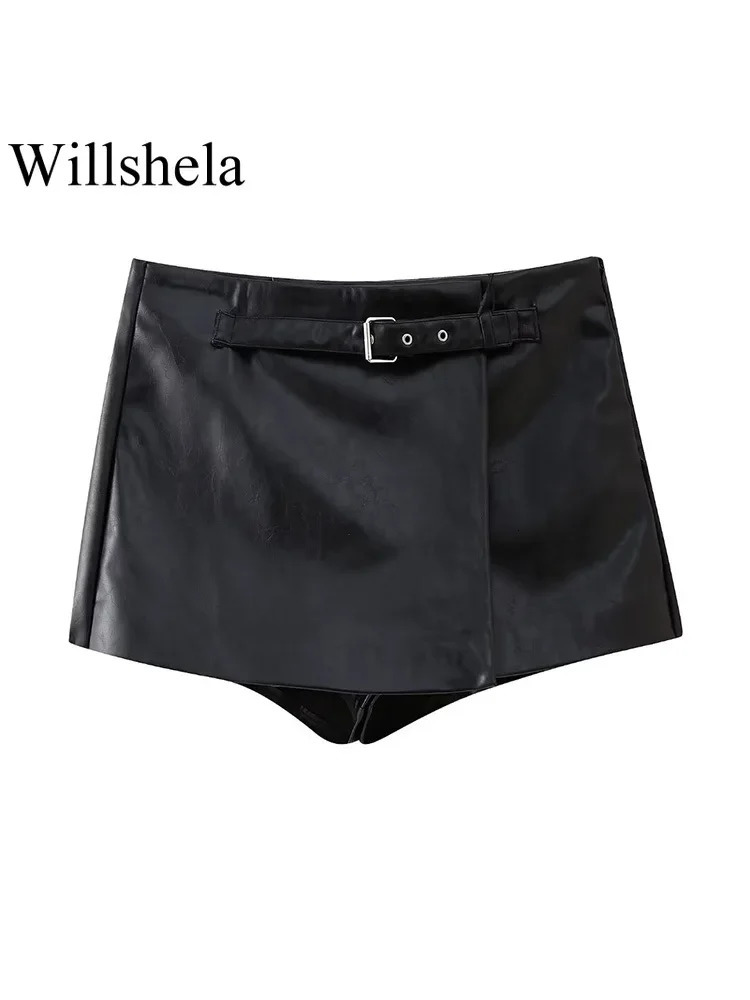 Willshela Womens Fashion PU Black Side Zipper Mini Ski Shorts Retro High Waist Chic 250213