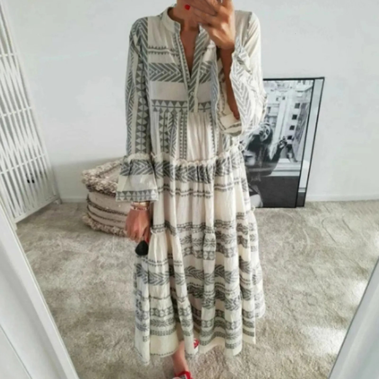Bohemian Print Maxi Dress For Women Long Sleeve Beach Dress Vacation Flowy Dresses Summer Dresses Boho Sundress Dress 250213