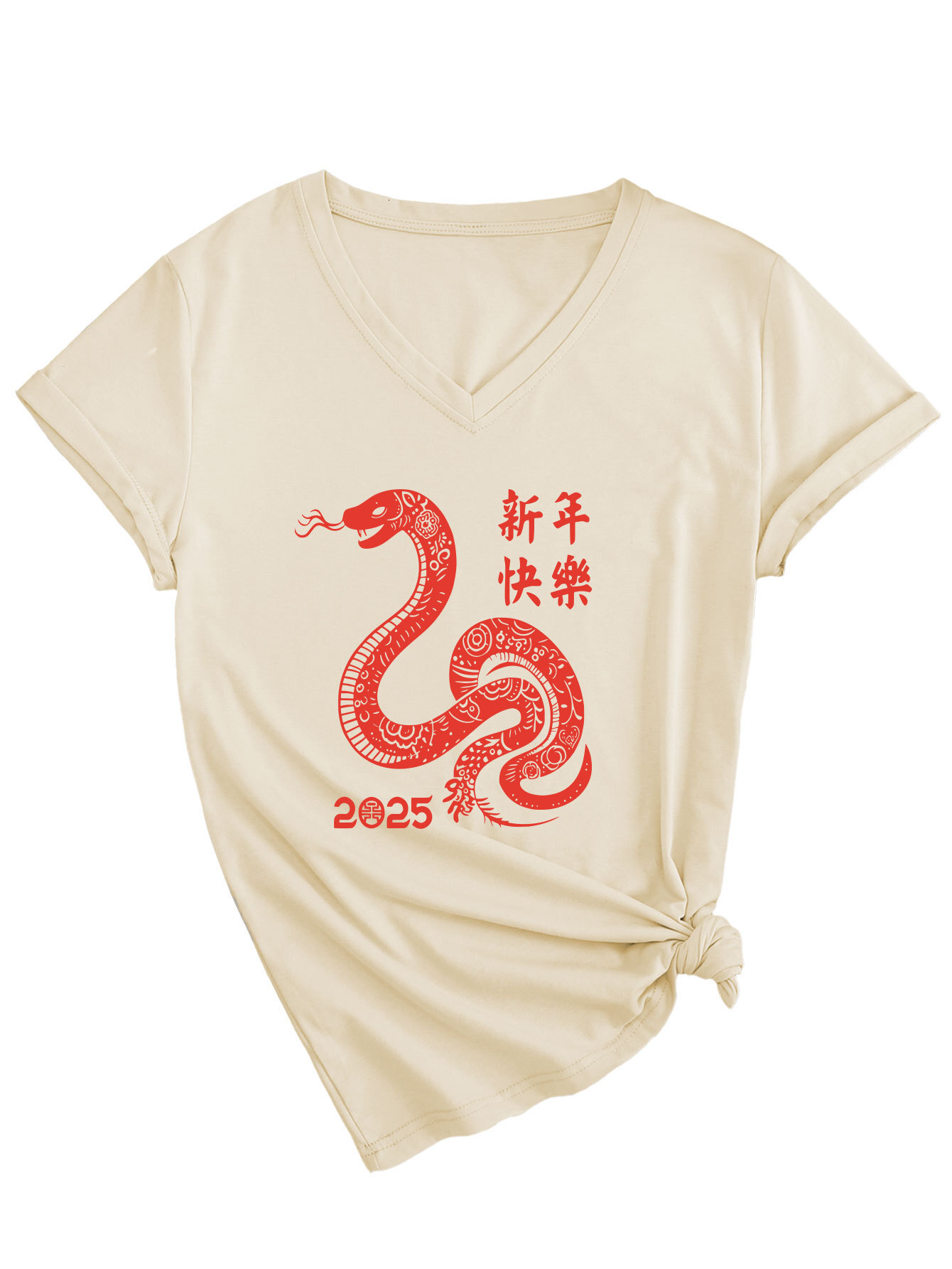 Designer Fashion Trendy Personalized Fun Versatile 2025 Happy New Year V-neck Short Sleeved Women's T-shirt