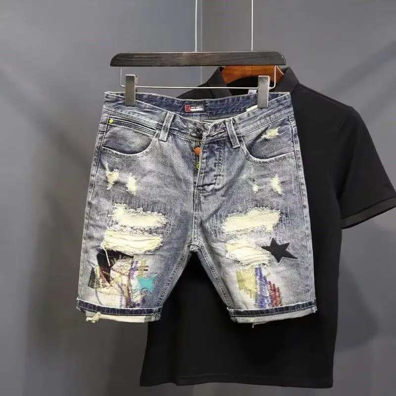 New High-Streets Summer Slim Denim Shorts For Men With Distressed Ripped Embroidered Cat Whiskers Hip Hop Streetwear Short Pants