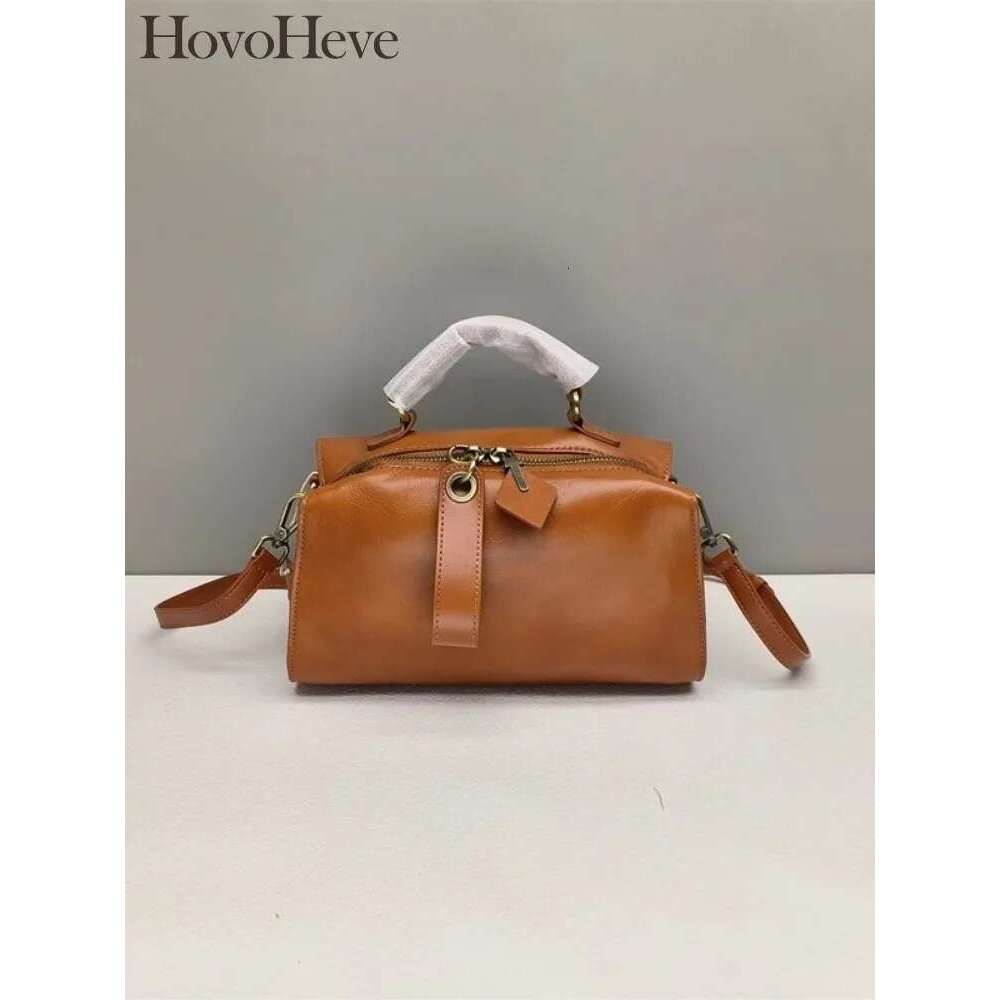 Office Ladies Design Casual Boston Pillow Bag Genuine Leather Handbag Tote Women Vintage Single Shoulder Zipper Genuine Leather