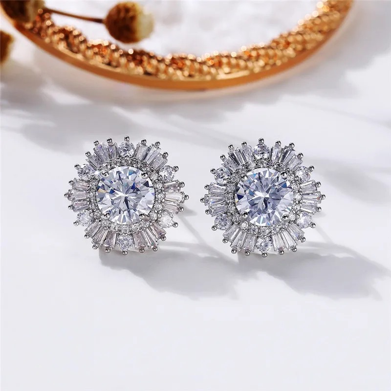 Sparkling Drop Ship Stud Earrings Luxury Jewelry 925 Sterling Silver Round Cut White 5A Cubic Zircon Party Eternity Women Wedding Snow Flower Earring 