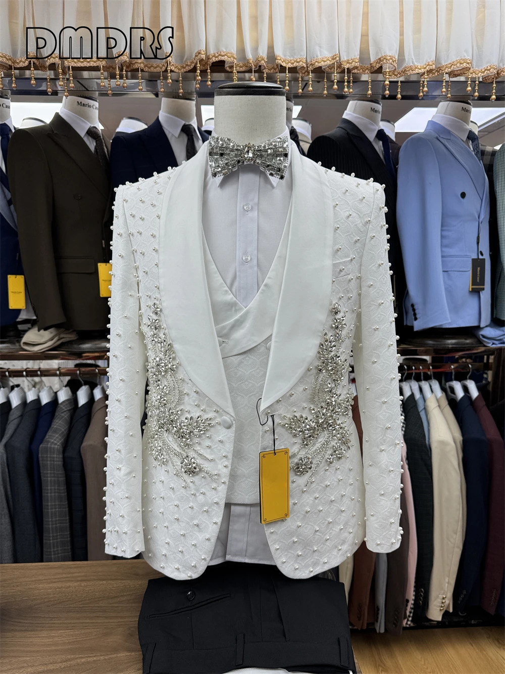 Pos Pearls Suit Set for Men Party Tuxedo Set 3-Pieces Blazer Vest Pants Crystals Mens Suits High Quality 250214