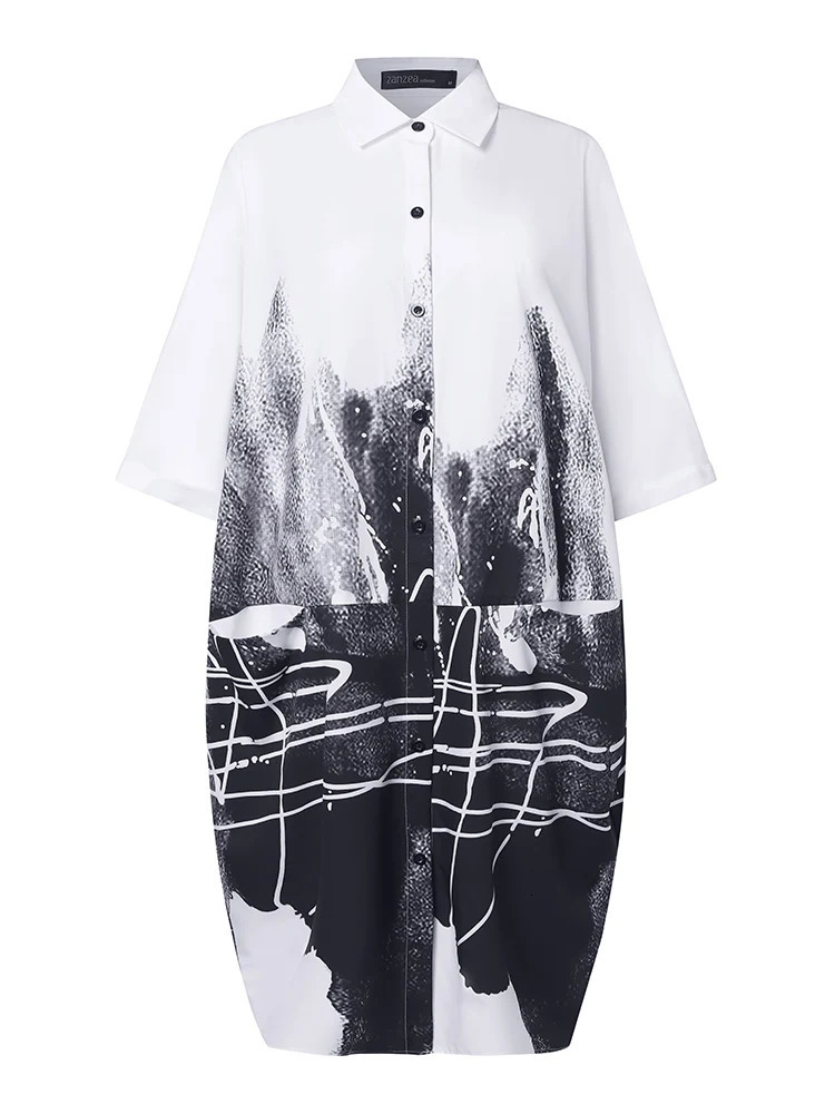 ZANZEA Vintage Ink Painting Shirt Dress Women Oversize Loose Casual 3/4 Sleeve Midi Dresses Trendy Rounded Hem Dresses 250213