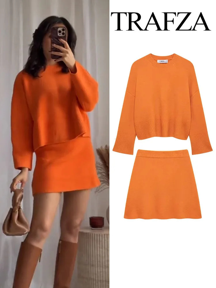 TRAFZA Women Fashion Skirt Suits Orange ONeck Long Sleeves PulloverElastic Waist Mini Skirts Female Spring Casual Knitting Set 250214