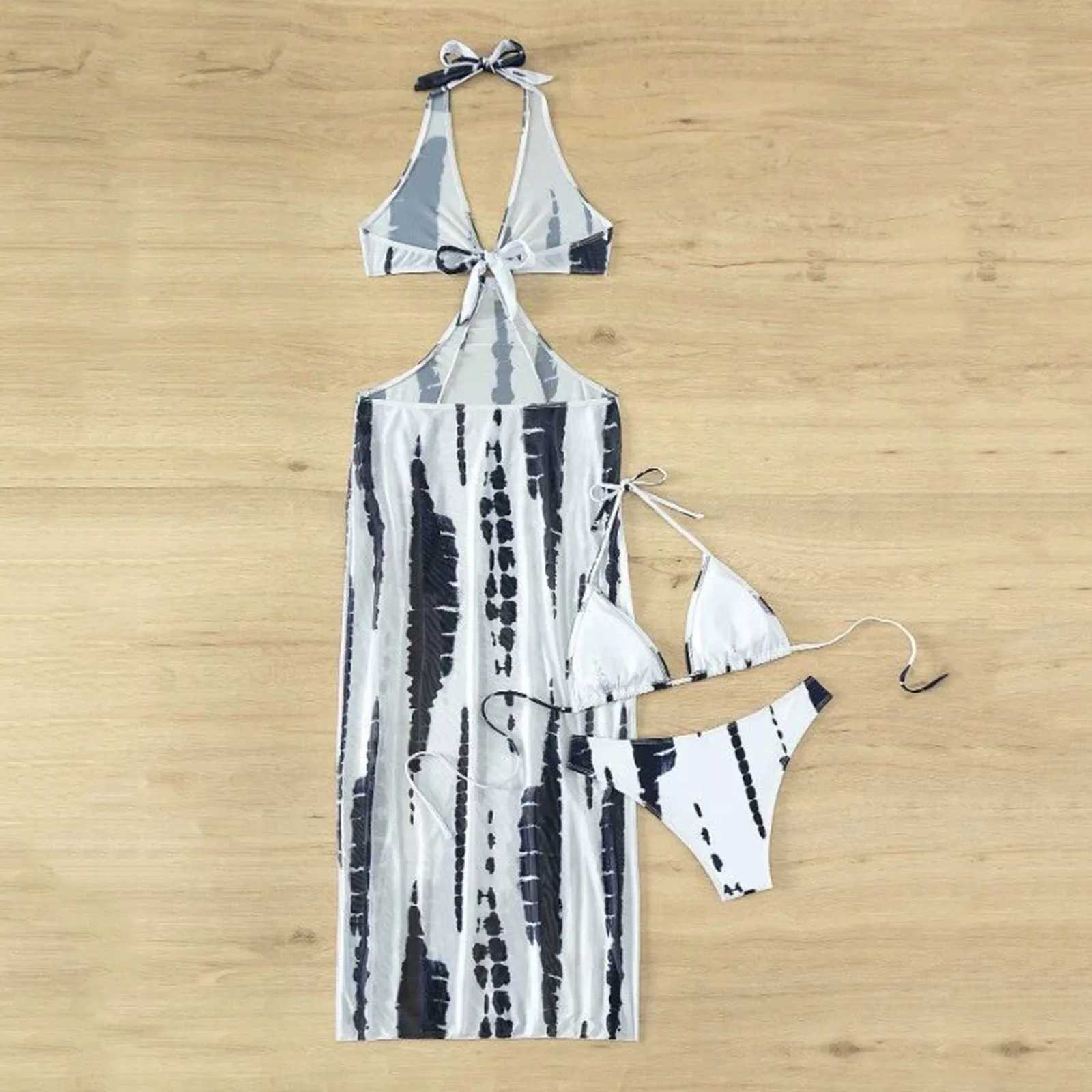 3 Pieces Halter Ring Link Bikini 2024 Women Cut Out Side Cover Up Dress Hollow Out Swimsuit Bathing Suit Female Sexy SwimwearW250214