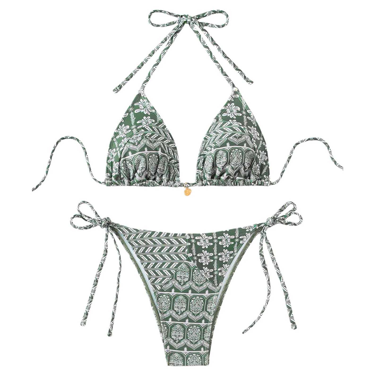 Womens Bikini Sets Two Piece Swimsuits Floral Print Sexy Triangle Bikinis Bohemian Style Halter Neck Strap Swimsuit Bathing SetT250214
