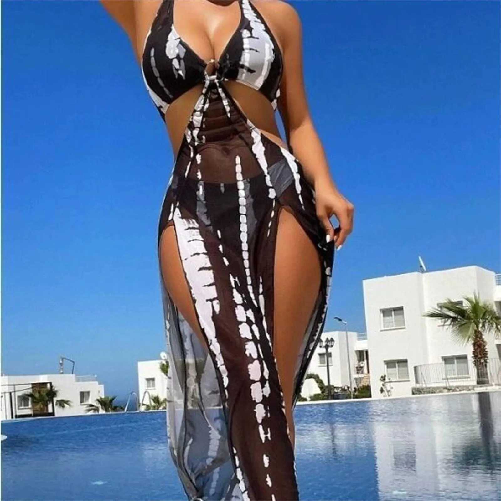 3 Pieces Halter Ring Link Bikini 2024 Women Cut Out Side Cover Up Dress Hollow Out Swimsuit Bathing Suit Female Sexy SwimwearW250214