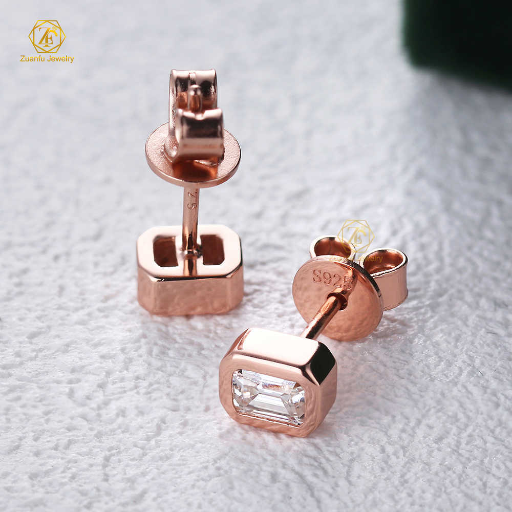 Factory Direct Sale Cheap Price 925 Sterling Silver Rose Gold Plated 3x4MM Emerald Cut Moissanite Stud Earrings Jewelry