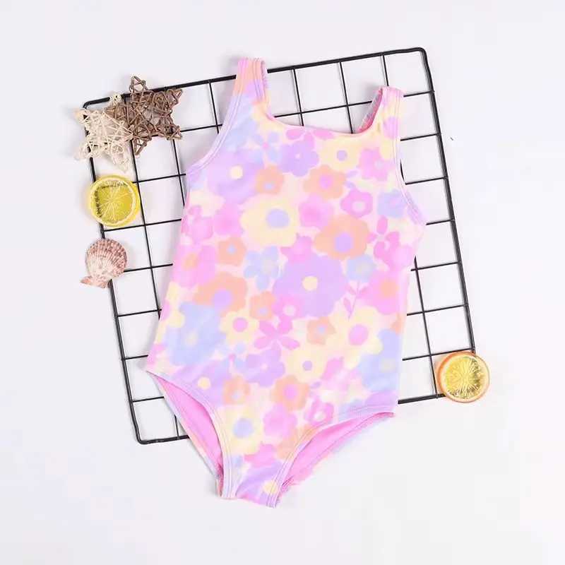 2024 New Girls Beach Floral Swimsuit One-piece Vest One-piece Swimsuit Large Childrens SwimsuitXJ250214